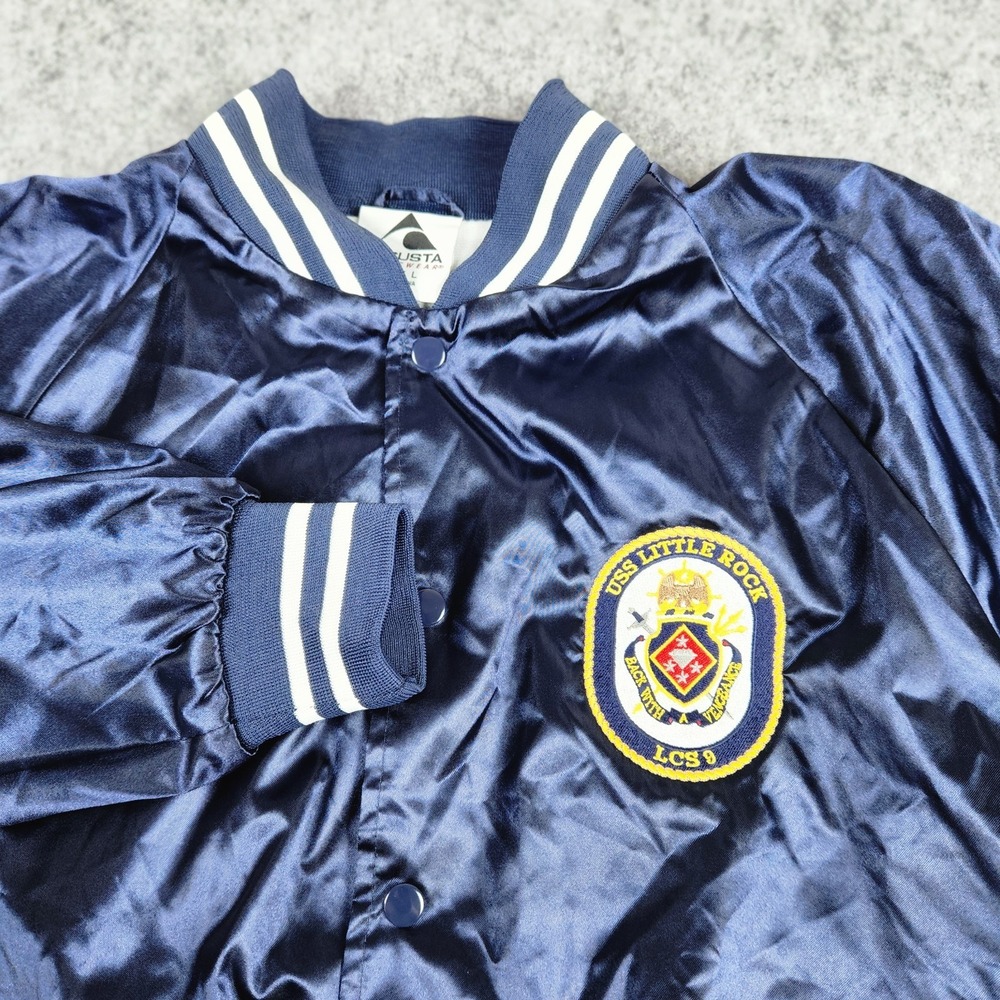 US Navy USS Little Rock LCS 9‎ Bomber Jacket Men L Blue Satin Varsity Military
